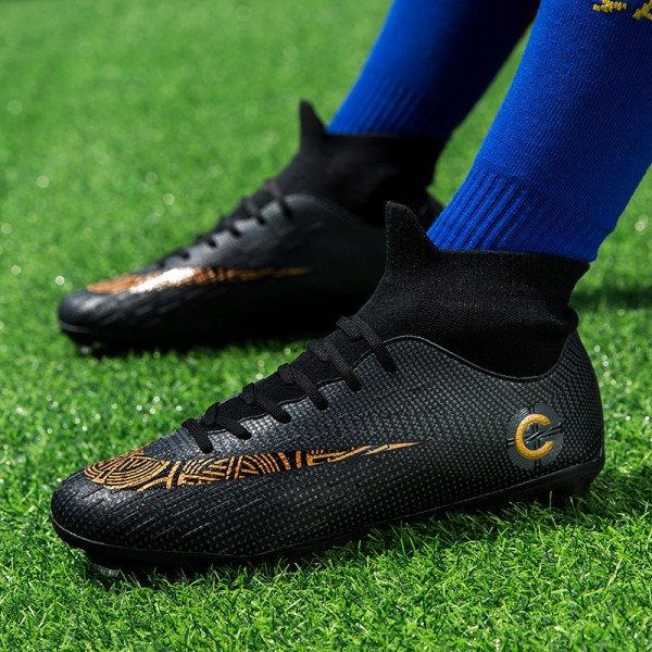 Black Golden Men Boys Soccer Shoes Football Boots High Ankle Kids Cleats Training Sport trainers Lightweight Sneakers Size 35-44 