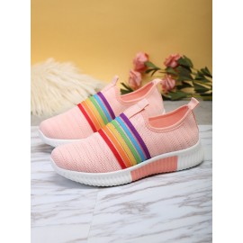 Plus Size Women Rainbow Stripe Knitted Breathable Casual Walking Shoes