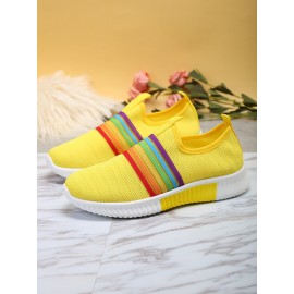 Plus Size Women Rainbow Stripe Knitted Breathable Casual Walking Shoes