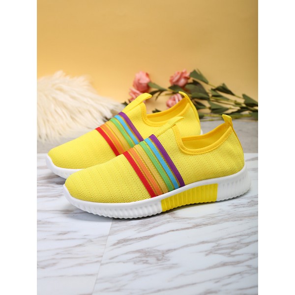 Plus Size Women Rainbow Stripe Knitted Breathable Casual Walking Shoes 