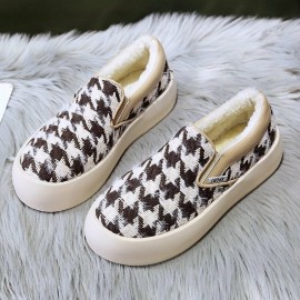 Women Brief Houndstooth Elastic Band Warm Lining Walking Shoes