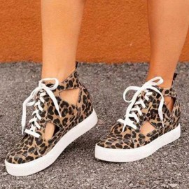 Women Canvas Cut Out Wearable Hidden Increase Casual Flat Shoes