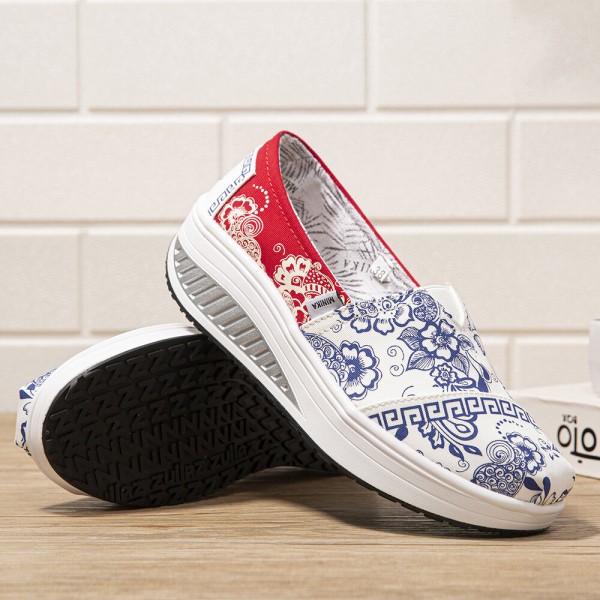 Women Casual Flowers Printed Pattern Comfortable Rocker Sole Walking Shoes 