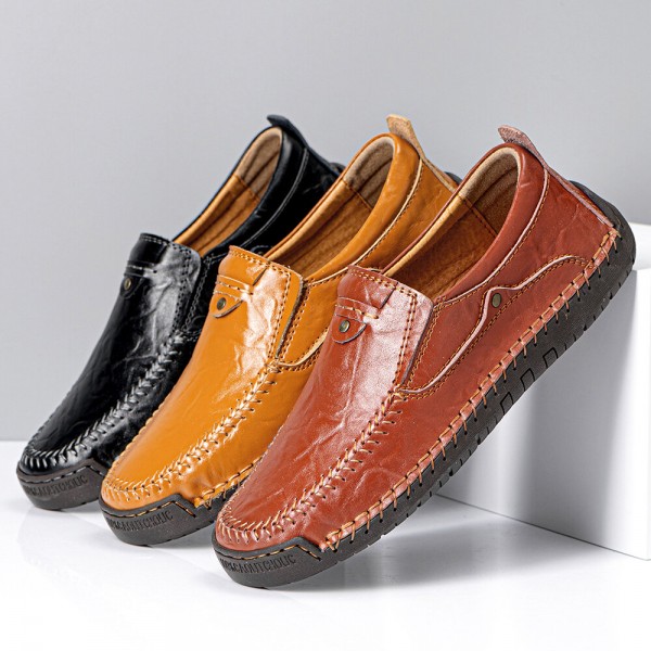 Men Hand Stitching Soft Microfiber Leather Driving Shoes 