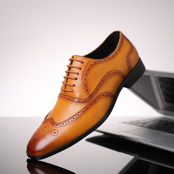 Men Microfiber Breathable Soft Bottom Pointed Toe Vintage Plaid Lace Up Casual Business Shoes 