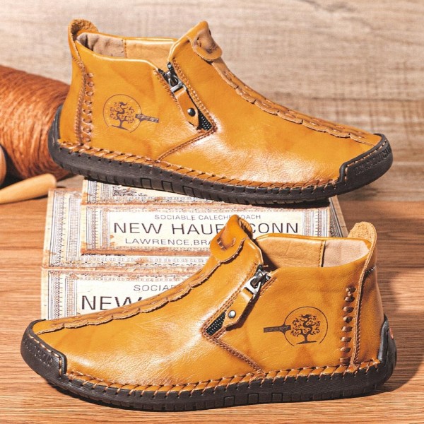 Men Microfiber Leather Hand Stitching Breathable Comfy Soft Sole Brief Zipper Casual Shoes 