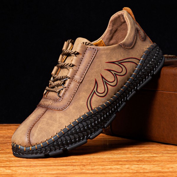 Men Microfiber Breathable Hand Stitching Crocodile Grain Soft Sole Flame Pattern Lace Up Casual Shoes 