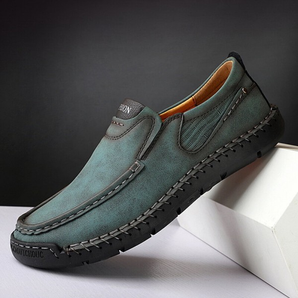 Men Hand Stitching Microfiber Leather Slip Resistant Slip On Loafers 