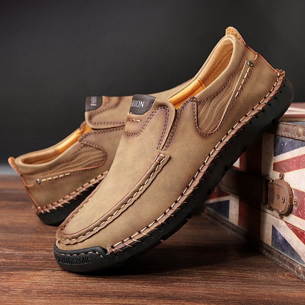 Men Hand Stitching Microfiber Leather Slip Resistant Slip On Loafers 