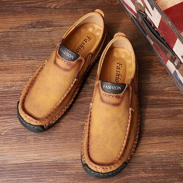 Men Hand Stitching Microfiber Leather Slip Resistant Slip On Loafers 