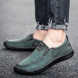 Men Hand Stitching Microfiber Leather Slip Resistant Slip On Loafers