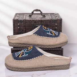 Men Breathable Folkways Pattern Handmade Closed Toe Casual Linen Slippers