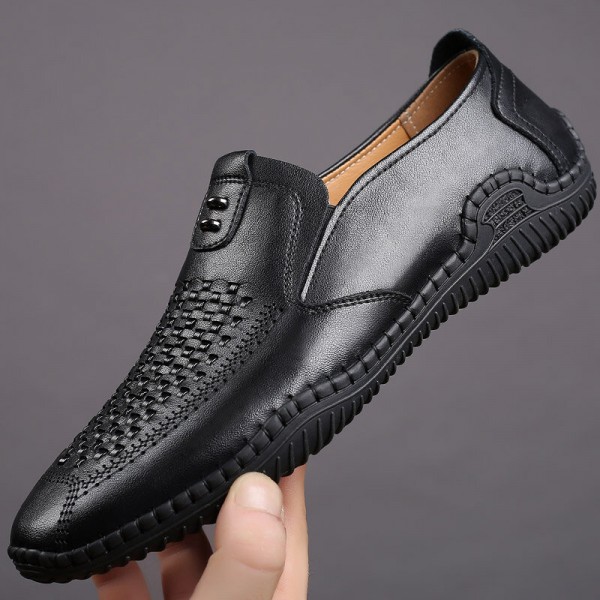 Men Microfiber Hollow Out Breathable Hand Stitching Soft Bottom Slip On Casual Shoes 