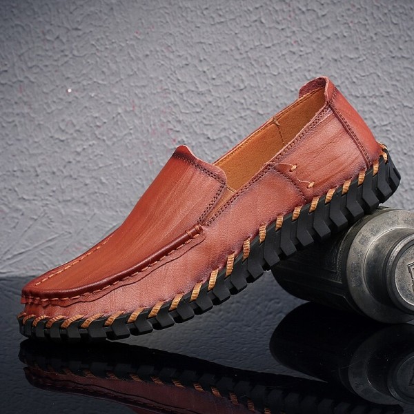 Men Cowhide Leather Hollow Out Breathable Hand Stitching Soft Sole Slip On Casual Shoes