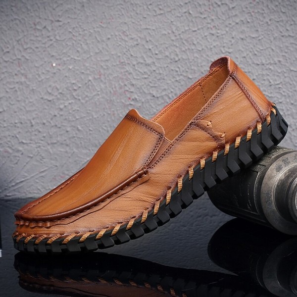 Men Cowhide Leather Hollow Out Breathable Hand Stitching Soft Sole Slip On Casual Shoes 