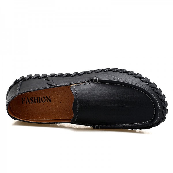 Men Cowhide Leather Hollow Out Breathable Hand Stitching Soft Sole Slip On Casual Shoes 