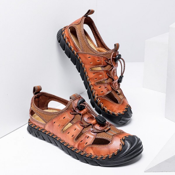 Men Hand Stitching Leather Non Slip Soft Sole Outdoor Sandals 