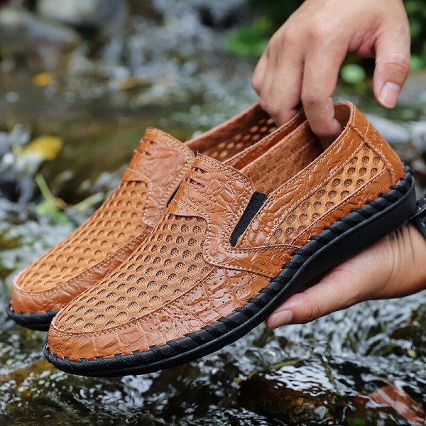 Men Leather Mesh Breathable Non Slip Hand Stitching Comfy Casual Bussiness Shoes 