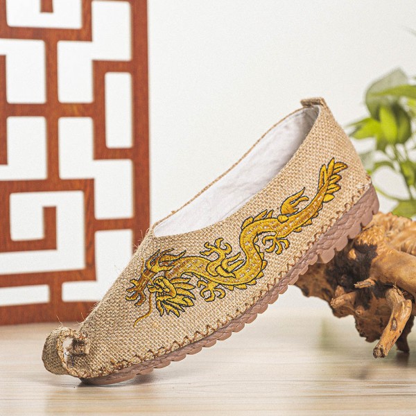 Men Breathable Non Slip Old Peking Dragon Embroidery Comfy Casual Linen Shoes 