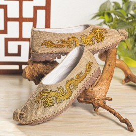 Men Breathable Non Slip Old Peking Dragon Embroidery Comfy Casual Linen Shoes