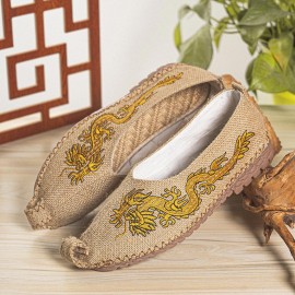 Men Breathable Non Slip Old Peking Dragon Embroidery Comfy Casual Linen Shoes