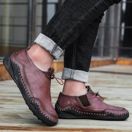 Men Pure Color Hand Stitching Comfy Soft Sole Wide Fit Casual Flat Leather Shoes