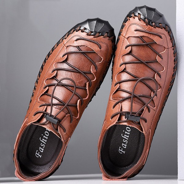 Men Cowhide Hand Stitching Breathable Soft Bottom Elastic Band Casual Business Shoes 