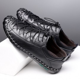 Men Cowhide Hand Stitching Breathable Soft Bottom Elastic Band Casual Business Shoes