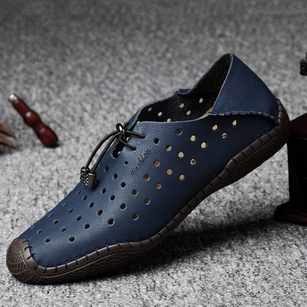 Men Leather Hand Stitching Breathable Hollow Out Soft Comfy Driving Casual Shoes 