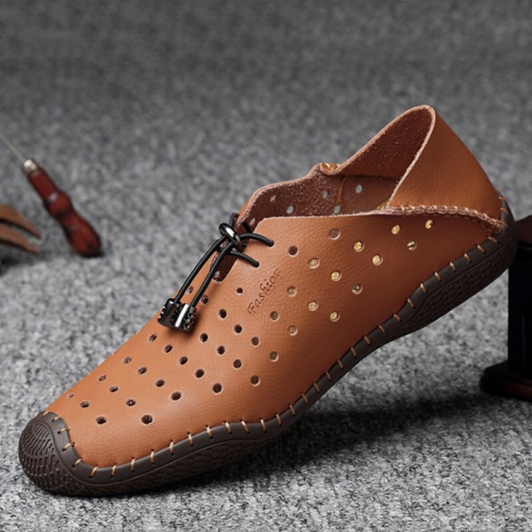 Men Leather Hand Stitching Breathable Hollow Out Soft Comfy Driving Casual Shoes 