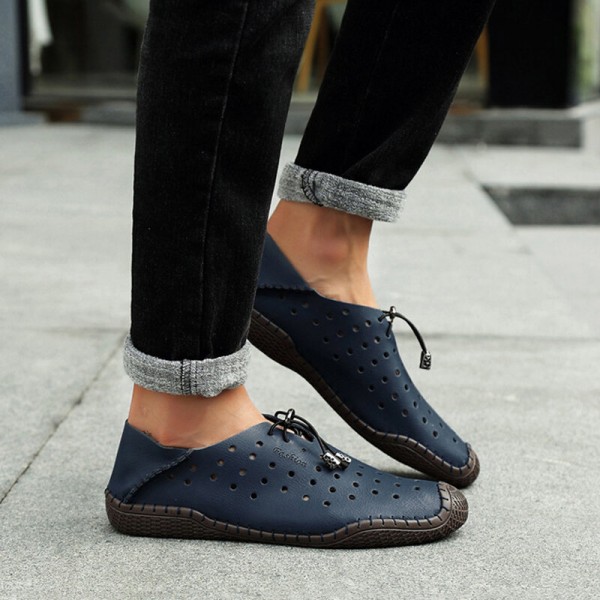 Men Leather Hand Stitching Breathable Hollow Out Soft Comfy Driving Casual Shoes 